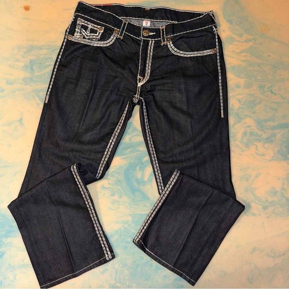 Men’s size 38 True Religion Black jeans straight denim designer horseshoe flap